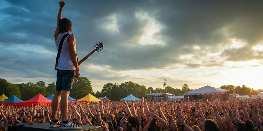 Rear-view of a musician standing on a stage during the day at a festival facing out to a crowd with 