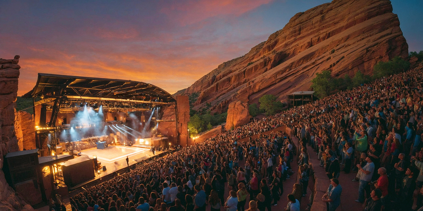 Panoramic view of the Red Rocks Amphitheatre stage and audience
