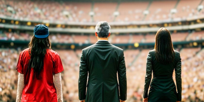 Dua Lipa, Billie Eilish, and David Byrne on stage facing the crowd.