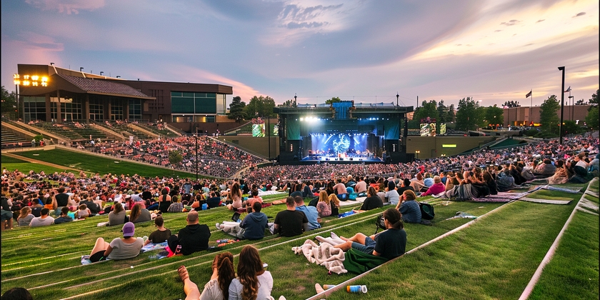 A view of Fiddler's Green Amphitheatre with a crowd on the grassy lawn watching a concert.