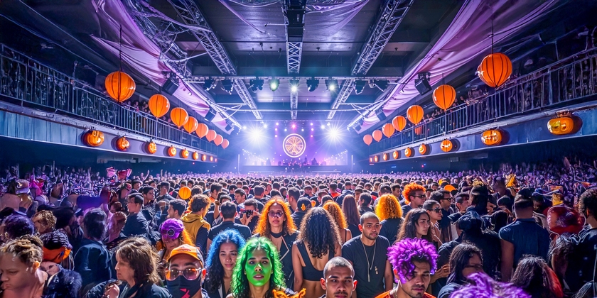 A massive crowd of concertgoers with costumes at a Halloween-themed concert.