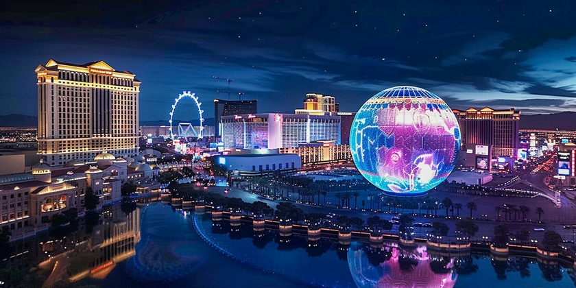 An aerial nighttime view of the Las Vegas Strip.