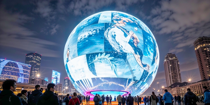 A nighttime view of people attending an event at The Sphere in Las Vegas.