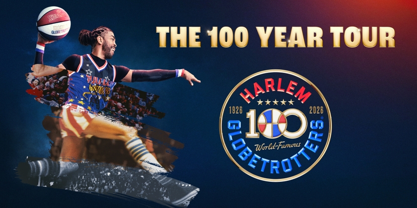 Harlem Globetrotters player holding a basketball next to The 100 Year Tour logo.