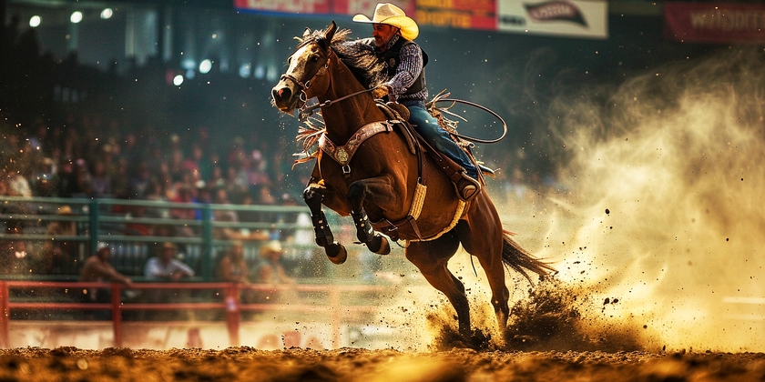 Action shot of a cowboy on horseback competing in the NFR
