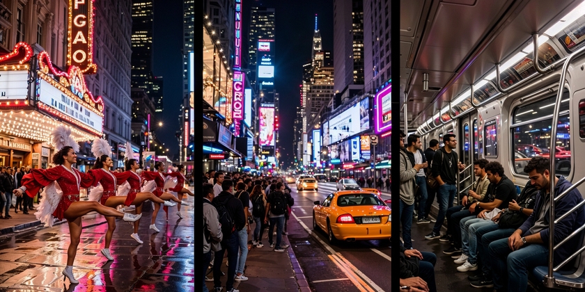 The Rockettes performance, Broadway show crowds, and people using public transit in New York.