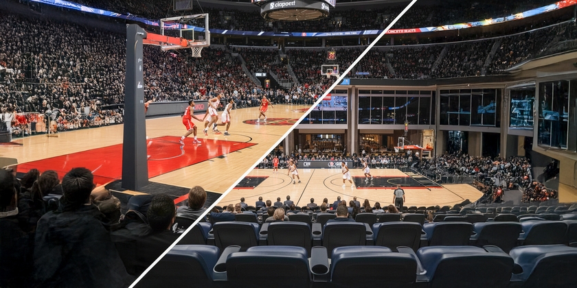 The views from lower bowl basketball seats versus club seats.