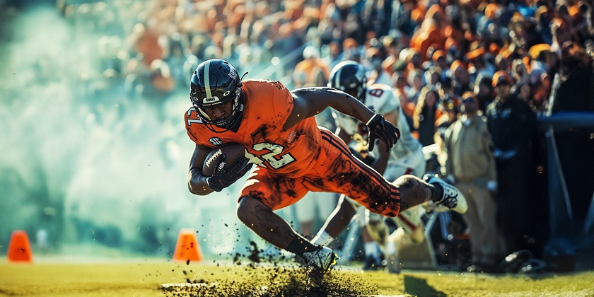 A football player dives forward, scoring a touchdown at a college bowl game.