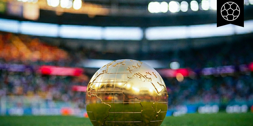 AI image generated photo of a golden soccer ball resembling Earth on a green grass field with a stad