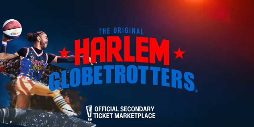 A Harlem Globetrotter leaps with a basketball and text reading 
