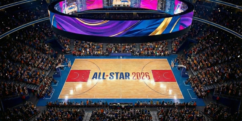 Intuit Dome court with the text “All-Star 2026” in the middle.