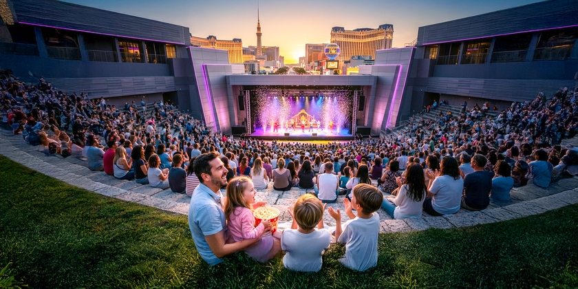 A family enjoys a kid-friendly live show at an outdoor Vegas venue.