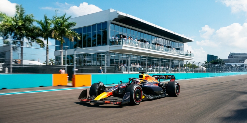 Formula 1 car racing at Miami Grand Prix.