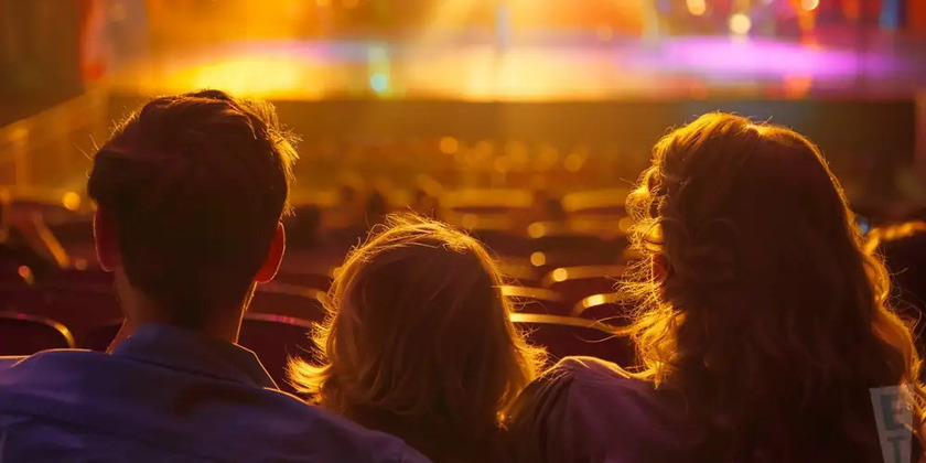 A silhouette of a family lit by the glow of a concert.