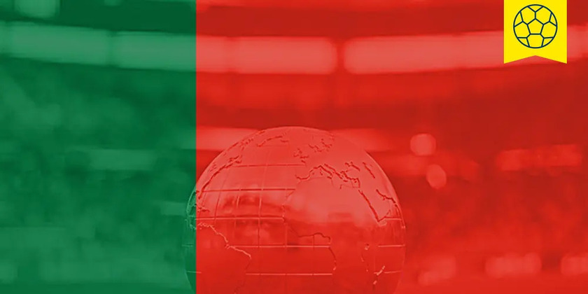 The Portugal flag over a golden globe on a soccer field, representing the FIFA World Cup.