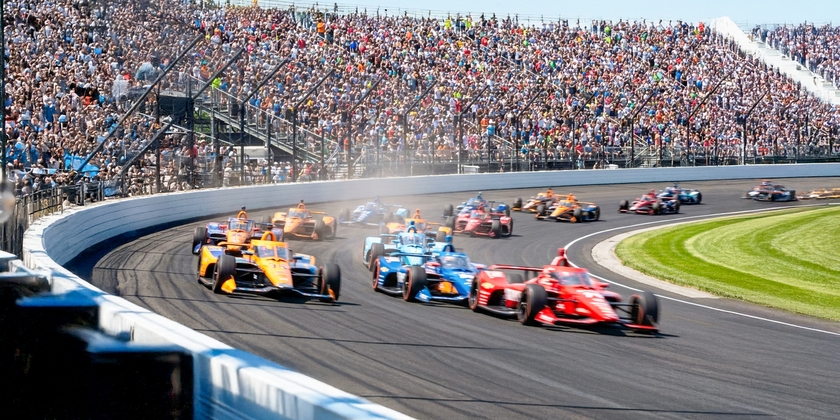Indy 500 race from a corner at Indianapolis Motor Speedway.