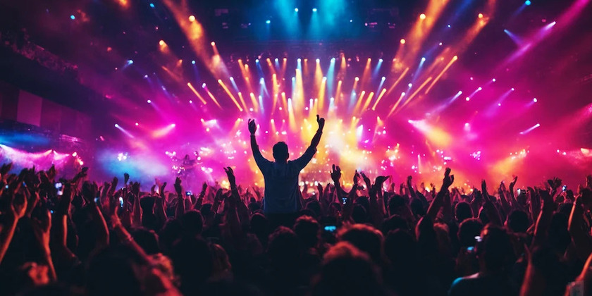 A large crowd enjoys a vibrant pink concert atmosphere.