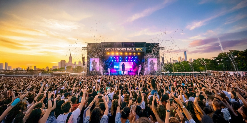 A massive crowd cheers at the Governors Ball 2026 main stage in New York City.