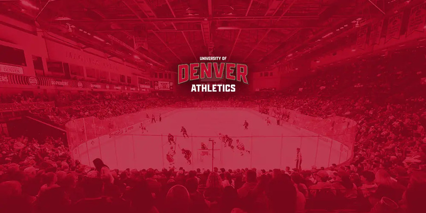 The Denver Pioneers Hockey team play in an arena with a red overlay.