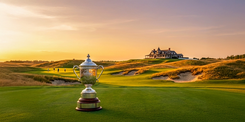 A view of Shinnecock Hills Golf Club with the U.S. Open Championship Trophy on the course.