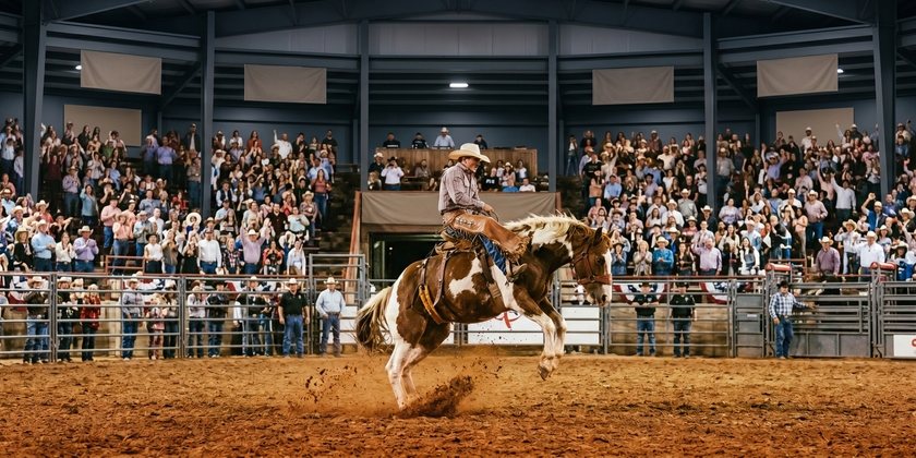 A cowboy riding a bucking horse at the Cowtown Coliseum in Fort Worth.