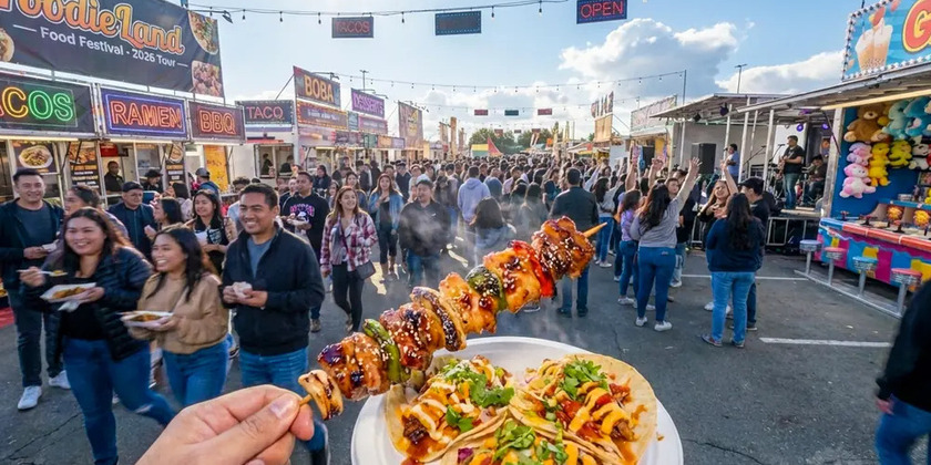A sizzling kebab is held in front of an active festival crowd at FoodieLand.