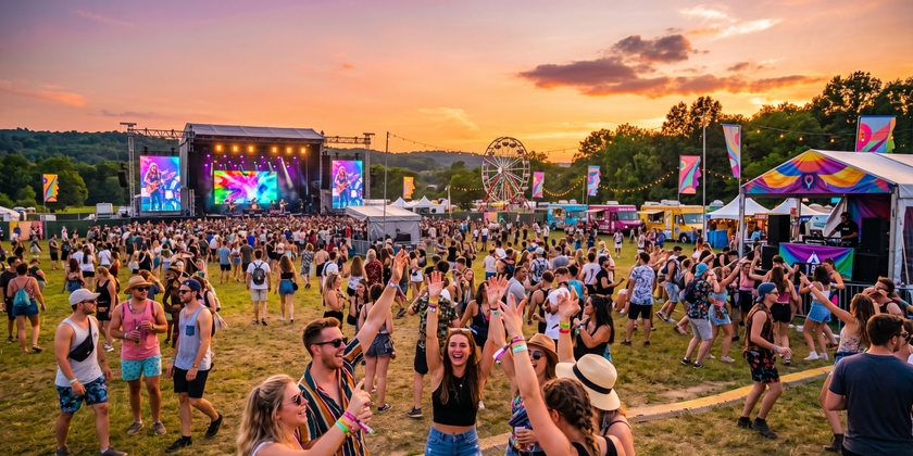 People dancing on a summer festival stage.