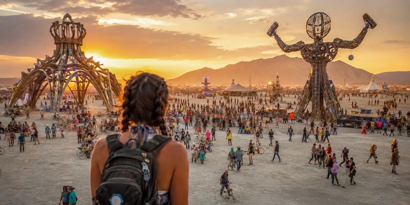 A panoramic view of Burning Man Festival.