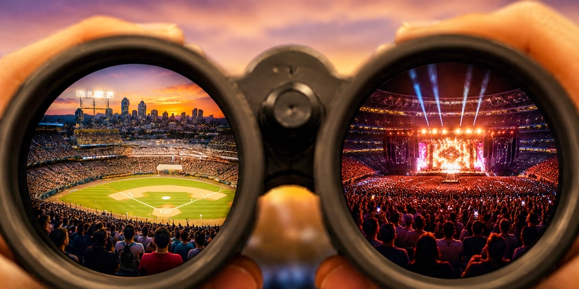 A view through binoculars showing ballpark and stadium layouts.