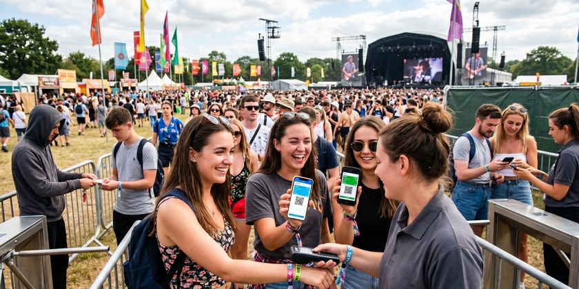 Scanning digital tickets on smartphones at a music festival entrance.