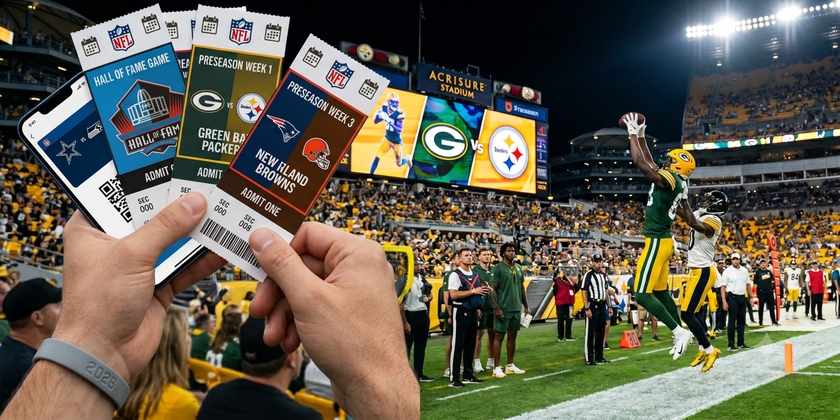 2026 NFL preseason tickets displayed in front of Acrisure Stadium during a night football game.