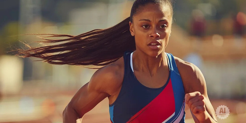 A track-and-field Olympian runs with her hair back.