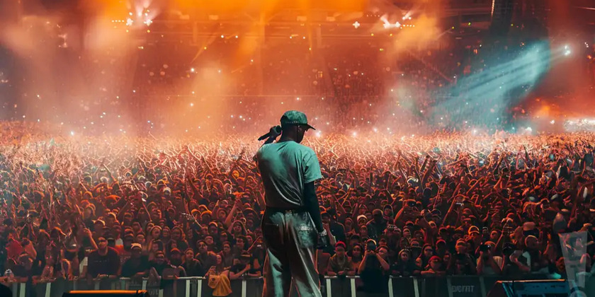 Tyler, the Creator performs on stage, shown from behind.