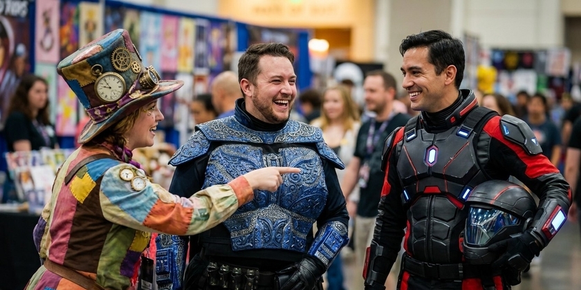 Three cosplayers laughing and interacting together at Fan Expo Dallas