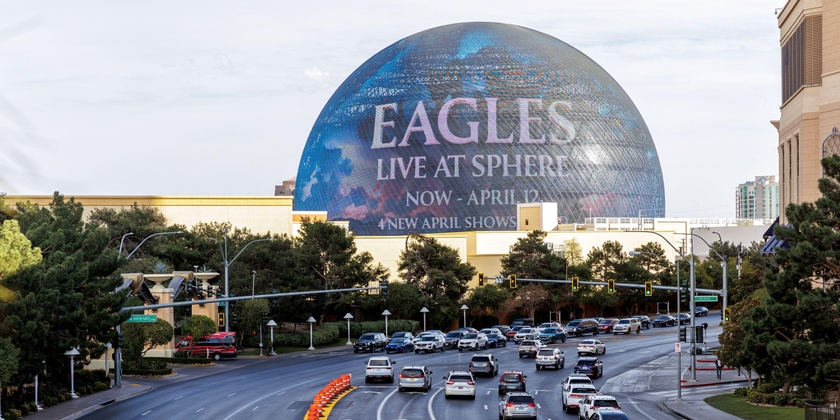 The Las Vegas Sphere is lit up for The Eagles' residency.