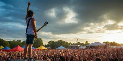 Rear-view of a musician standing on a stage during the day at a festival facing out to a crowd with
