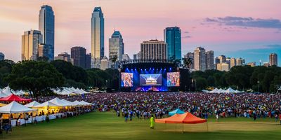 A wide shot of the Austin City Limits music festival in Zilker Park.