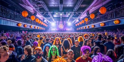 A massive crowd of concertgoers with costumes at a Halloween-themed concert.