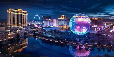 An aerial nighttime view of the Las Vegas Strip.