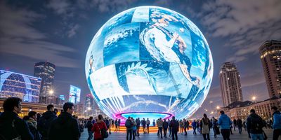 A nighttime view of people attending an event at The Sphere in Las Vegas.