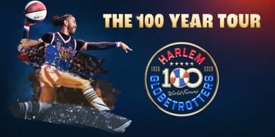 Harlem Globetrotters player holding a basketball next to The 100 Year Tour logo.