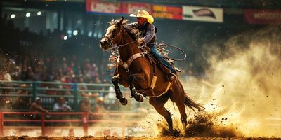 Action shot of a cowboy on horseback competing in the NFR