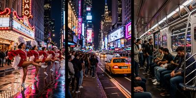 The Rockettes performance, Broadway show crowds, and people using public transit in New York.