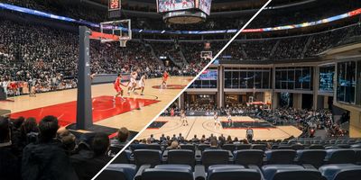 The views from lower bowl basketball seats versus club seats.