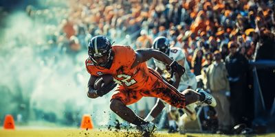 A football player dives forward, scoring a touchdown at a college bowl game.