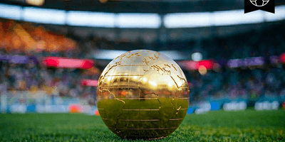 AI image generated photo of a golden soccer ball resembling Earth on a green grass field with a stad