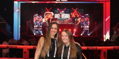 Abby Croell and Angela Braga attending the Paul fight at Kaseya Center.