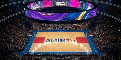 Intuit Dome court with the text “All-Star 2026” in the middle.
