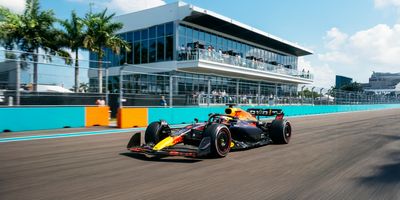 Formula 1 car racing at Miami Grand Prix.