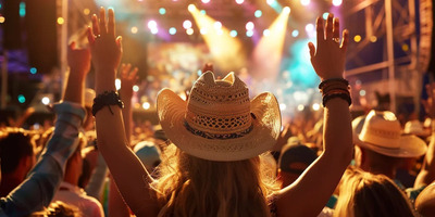 A woman holds her hands up at a Kacey Musgraves concert in a cowboy hat.